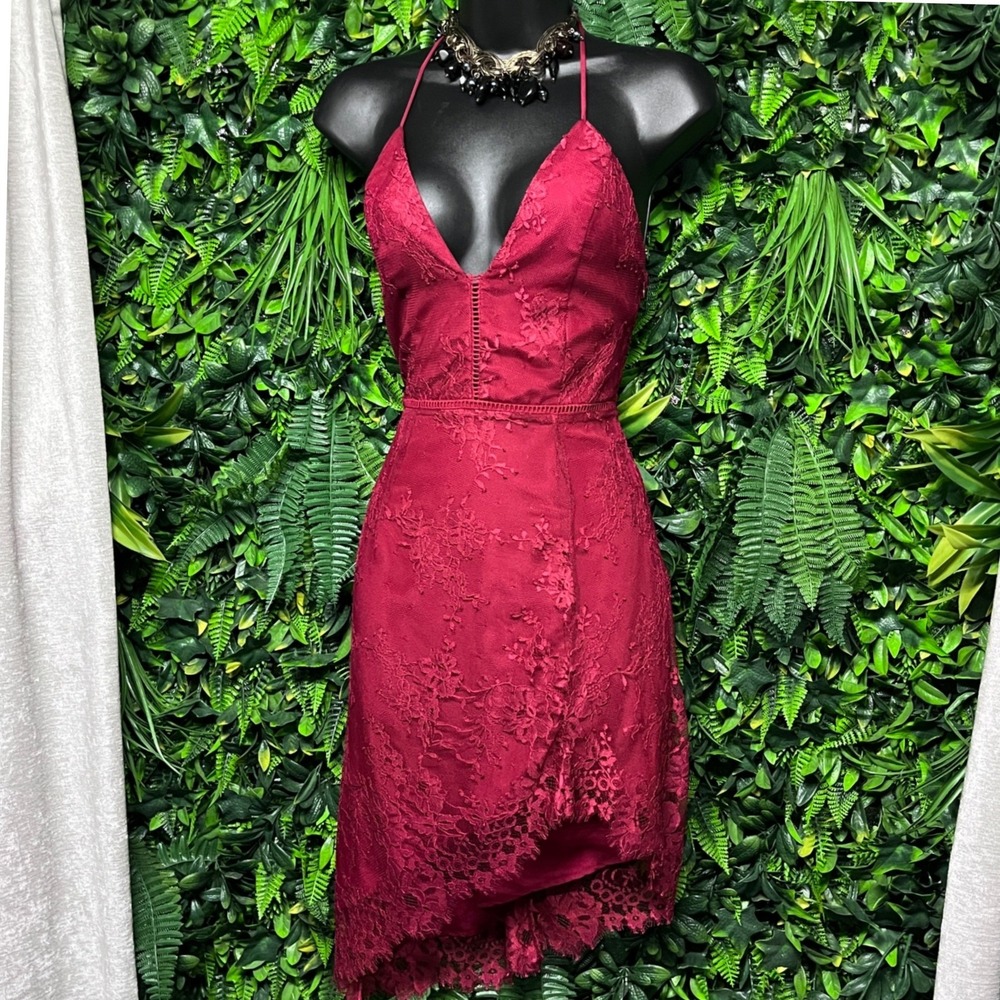 NBD Revolve Dress Small Dark Red Lace Asymmetrical Strappy Back Cocktail 4133